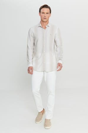 Yumuşak Dokulu Keten Karışımlı Slim Fit Dar Kesim Klasik Yaka Çizgili Gömlek