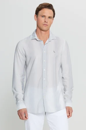 Yumuşak Dokulu Keten Karışımlı Slim Fit Dar Kesim Klasik Yaka Çizgili Gömlek