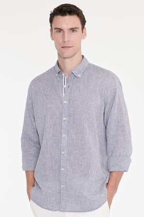 Pamuklu Keten Comfort Fit Düğmeli Yaka Armürlü Gömlek