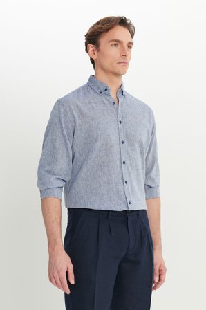 Pamuklu Keten Comfort Fit Düğmeli Yaka Armürlü Gömlek