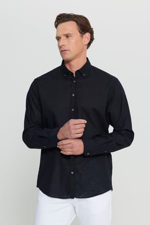 Pamuklu Keten Comfort Fit Düğmeli Yaka Armürlü Gömlek