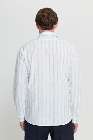 Pamuklu Keten Comfort Fit Rahat Kesim Gizli Düğmeli Yaka Çizgili Gömlek