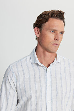 Pamuklu Keten Comfort Fit Rahat Kesim Gizli Düğmeli Yaka Çizgili Gömlek