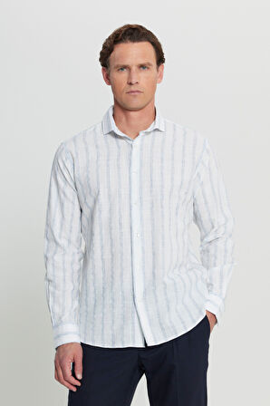 Pamuklu Keten Comfort Fit Rahat Kesim Gizli Düğmeli Yaka Çizgili Gömlek