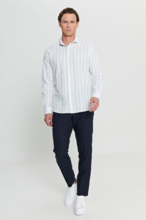 Pamuklu Keten Comfort Fit Rahat Kesim Gizli Düğmeli Yaka Çizgili Gömlek