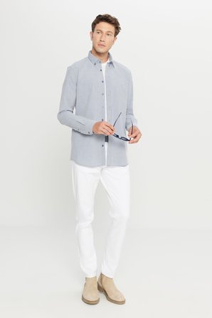 %100 Pamuk Slim Fit Dar Kesim Düğmeli Yaka Çizgili Gömlek