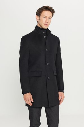 Yünlü Slim Fit  Dar Kesim Dik Yaka Kapak Cepli Palto