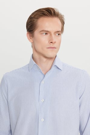 Pamuklu Slim Fit Dar Kesim Klasik Yaka Çizgili Örme Gömlek