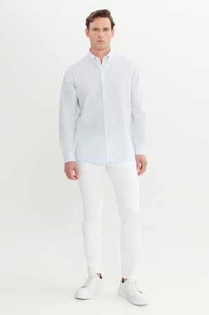 %100 Pamuk Comfort Fit Rahat Kesim Düğmeli Yaka Çizgili Gömlek