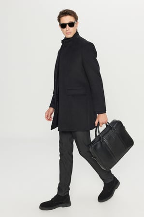 Yünlü Slim Fit  Dar Kesim Dik Yaka Kapak Cepli Palto