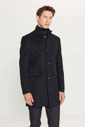 Yünlü Slim Fit  Dar Kesim Dik Yaka Kapak Cepli Palto