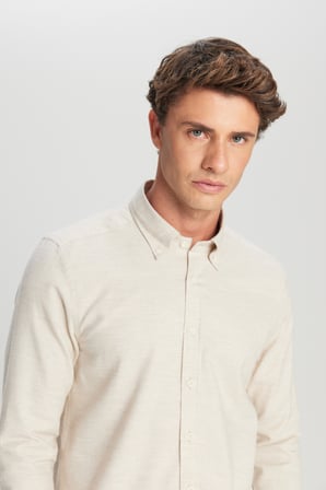 %100 Pamuk Slim Fit Dar Kesim Düğmeli Yaka Diagonal Desenli Flanel Gömlek