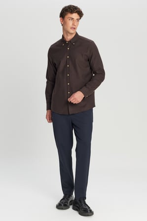 %100 Pamuk Slim Fit Dar Kesim Düğmeli Yaka Diagonal Desenli Flanel Gömlek