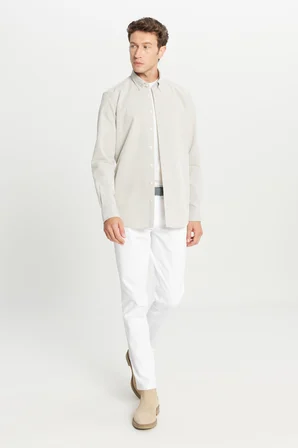 %100 Pamuk Slim Fit Dar Kesim Düğmeli Yaka Çizgili Gömlek