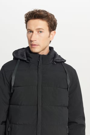 Standart Fit Normal Kesim Dik Yaka Kapüşonlu Yan Cepli Casual Mont
