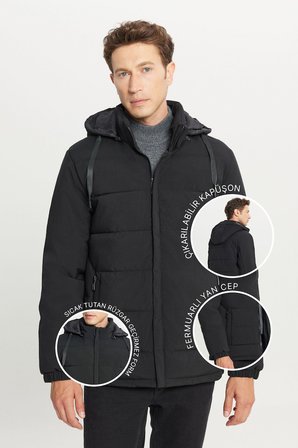 Standart Fit Normal Kesim Dik Yaka Kapüşonlu Yan Cepli Casual Mont