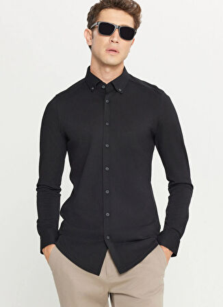 Altınyıldız Classics Slim Fit Düğmeli Yaka Siyah Erkek Gömlek ACE020261468_SYH