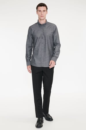 %100 Pamuk Slim Fit Dar Kesim Gizli Düğme Yaka Balıksırtı Desenli Gömlek