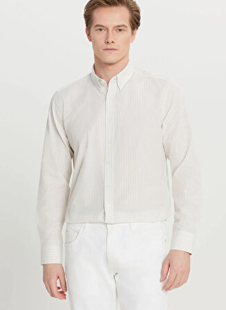 Altınyıldız Classics Tailored Fit Düğmeli Yaka Beyaz - Bej Erkek Gömlek ACE020261596_BJZ