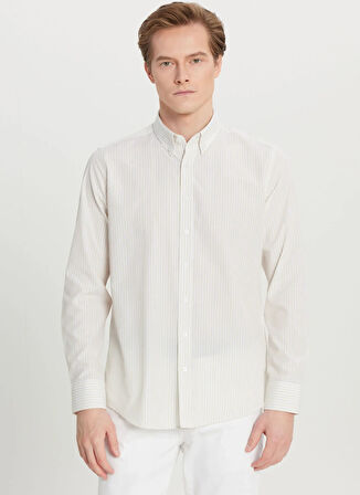 Altınyıldız Classics Tailored Fit Düğmeli Yaka Beyaz - Bej Erkek Gömlek ACE020261596_BJZ