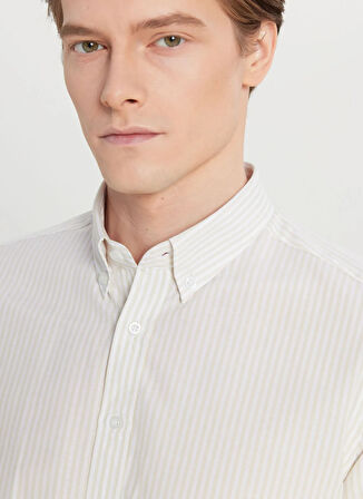 Altınyıldız Classics Tailored Fit Düğmeli Yaka Beyaz - Bej Erkek Gömlek ACE020261596_BJZ