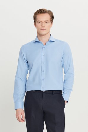 Pamuklu Oxford Tailored Slim Fit Dar Kesim Küçük İtalyan Yaka Armürlü Gömlek