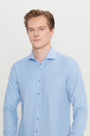 Pamuklu Oxford Tailored Slim Fit Dar Kesim Küçük İtalyan Yaka Armürlü Gömlek