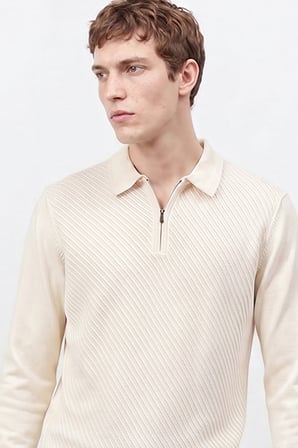 Yünlü Standart Fit Normal Kesim Polo Yaka Jakarlı Triko Kazak