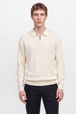 Yünlü Standart Fit Normal Kesim Polo Yaka Jakarlı Triko Kazak