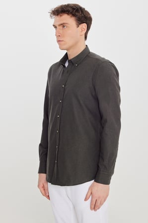 Pamuklu Slim Fit Dar Kesim Düğmeli Yaka Diagonal Desenli Flanel Gömlek