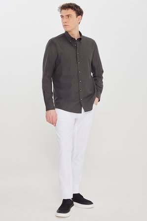 Pamuklu Slim Fit Dar Kesim Düğmeli Yaka Diagonal Desenli Flanel Gömlek
