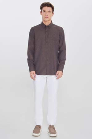 Pamuklu Slim Fit Dar Kesim Düğmeli Yaka Diagonal Desenli Flanel Gömlek