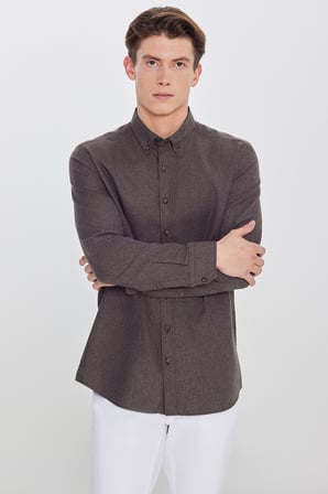 Pamuklu Slim Fit Dar Kesim Düğmeli Yaka Diagonal Desenli Flanel Gömlek