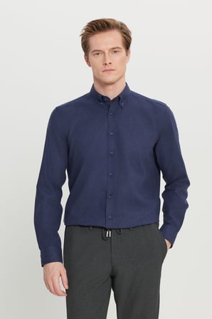 Pamuklu Slim Fit Dar Kesim Düğmeli Yaka Diagonal Desenli Flanel Gömlek
