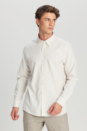 %100 Pamuk Flanel Slim Fit Dar Kesim Gizli Düğmeli Yaka Çizgili Gömlek