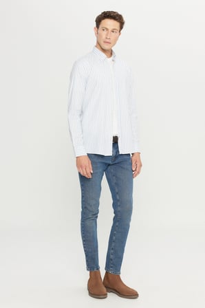 %100 Pamuk Flanel Slim Fit Dar Kesim Gizli Düğmeli Yaka Çizgili Gömlek