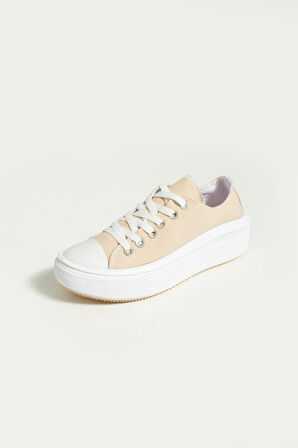 Pembe Potin Bağcıklı Kalın Taban Keten Kadın Sneaker 57-101-23