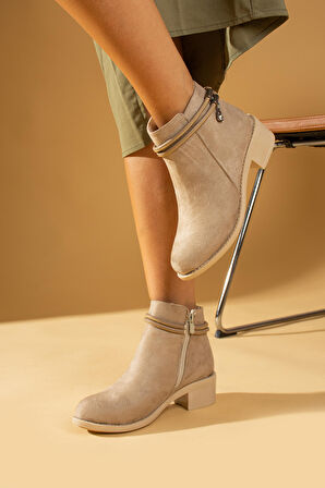 Pembe Potin Taşlı Bilek Boy Fermuarlı Kadın Bot 57-05-23Süet