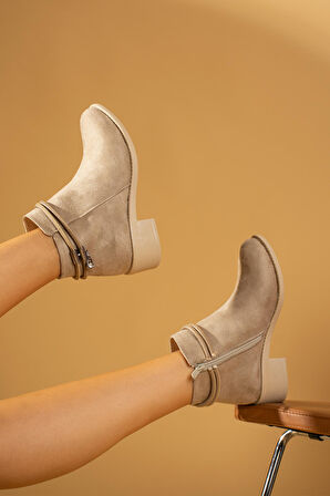 Pembe Potin Taşlı Bilek Boy Fermuarlı Kadın Bot 57-05-23Süet