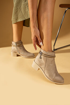 Pembe Potin Taşlı Bilek Boy Fermuarlı Kadın Bot 57-05-23Süet