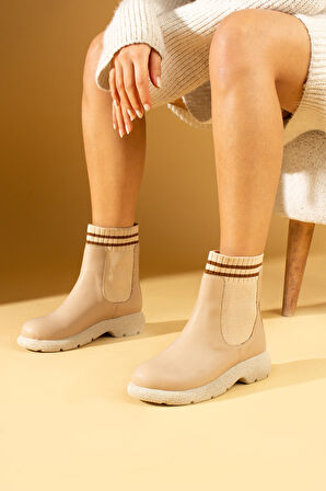 Pembe Potin Termo Taban Sıcak Astar Çizgi Triko Detaylı Kadın Bot 60-1016-23