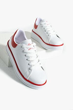 Pembe Potin Rahat Taban Renk Şeritli Bağcıklı Kadın Sneaker 001-340-24BKırmızı