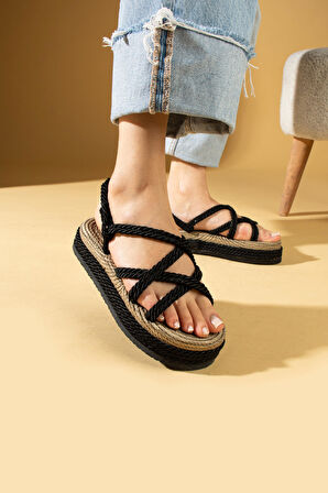 Pembe Potin Kalın Taban Çapraz Bant Hasır Kadın Sandalet 30-15-24