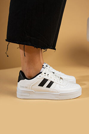 Pembe Potin Bağcıklı Comfort Taban Şeritli Kadın Sneaker 001-1005-24BeyazSiyah