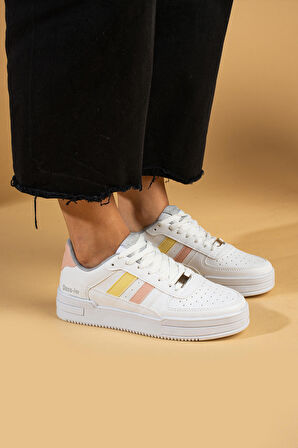 Pembe Potin Bağcıklı Comfort Taban Şeritli Kadın Sneaker 001-1005-24BeyazPudraSarı