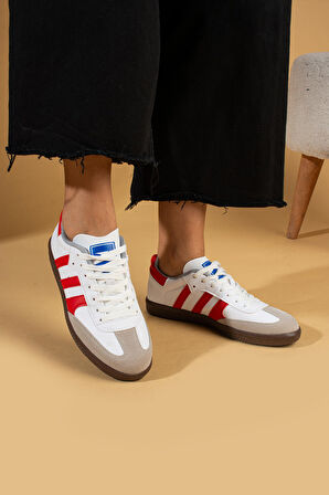 Pembe Potin Bağcıklı Comfort Taban 3 Şeritli Kadın Sneaker 001-1009-24BeyazKırmızı