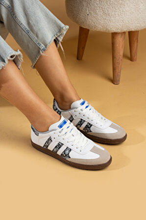 Pembe Potin Bağcıklı Comfort Taban 3 Şeritli Kadın Sneaker 001-1009-BeyazSiyahŞal