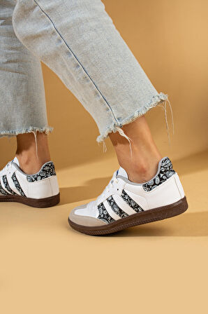 Pembe Potin Bağcıklı Comfort Taban 3 Şeritli Kadın Sneaker 001-1009-BeyazSiyahŞal