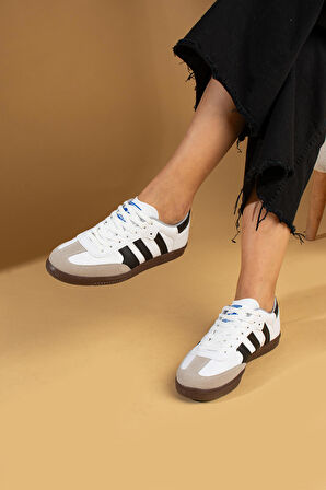 Pembe Potin Bağcıklı Comfort Taban 3 Şeritli Kadın Sneaker 001-1009-24BeyazSiyah