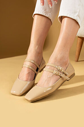 Pembe Potin Köşe Burun Çift Tokalı Kadın Babet 001-3838-24Rugan